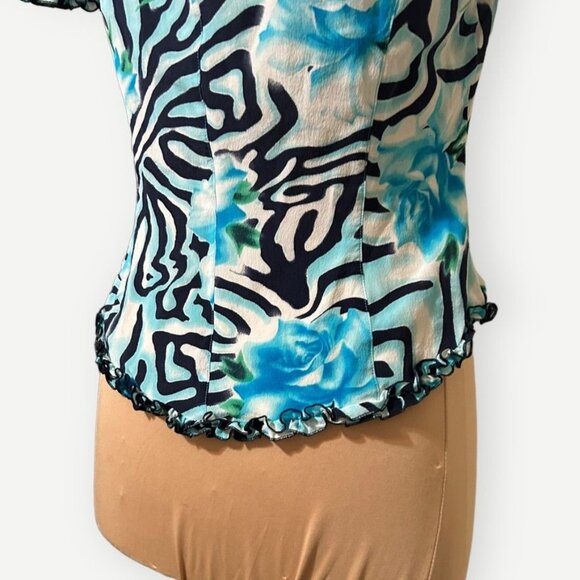 Escada Silk Blouse IT 34 US 4 Blue Abstract Print Gold Buttons EUC Ruffle - Picture 4 of 9